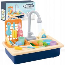 Žaislinė virtuvės kriauklė su indais ir bėgančiu vandeniu SINK mėlyna